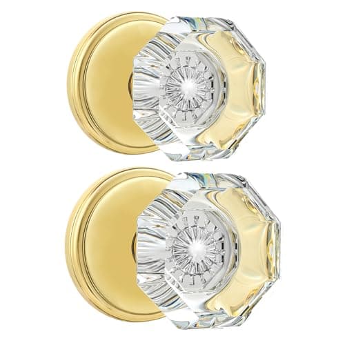 CLCTK 2 Pack Crystal Dummy Door Knobs, Non-Turning Single Side Dummy Door Knob Set, Polished Brass/Gold