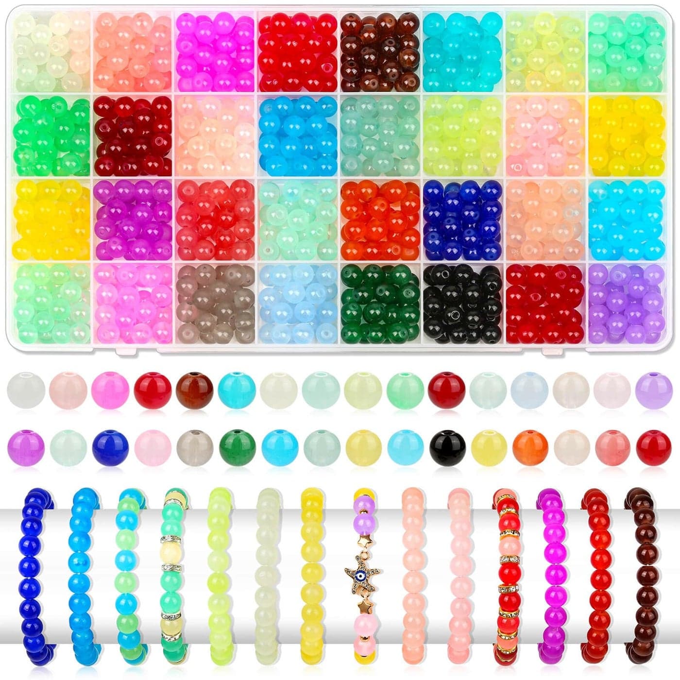 Audab 800Pcs 8mm Glass Beads in 32 Colors for Jewelry Making Round Crystal Glass Beads for Bracelets DIY Crafts8mm 32 Colors