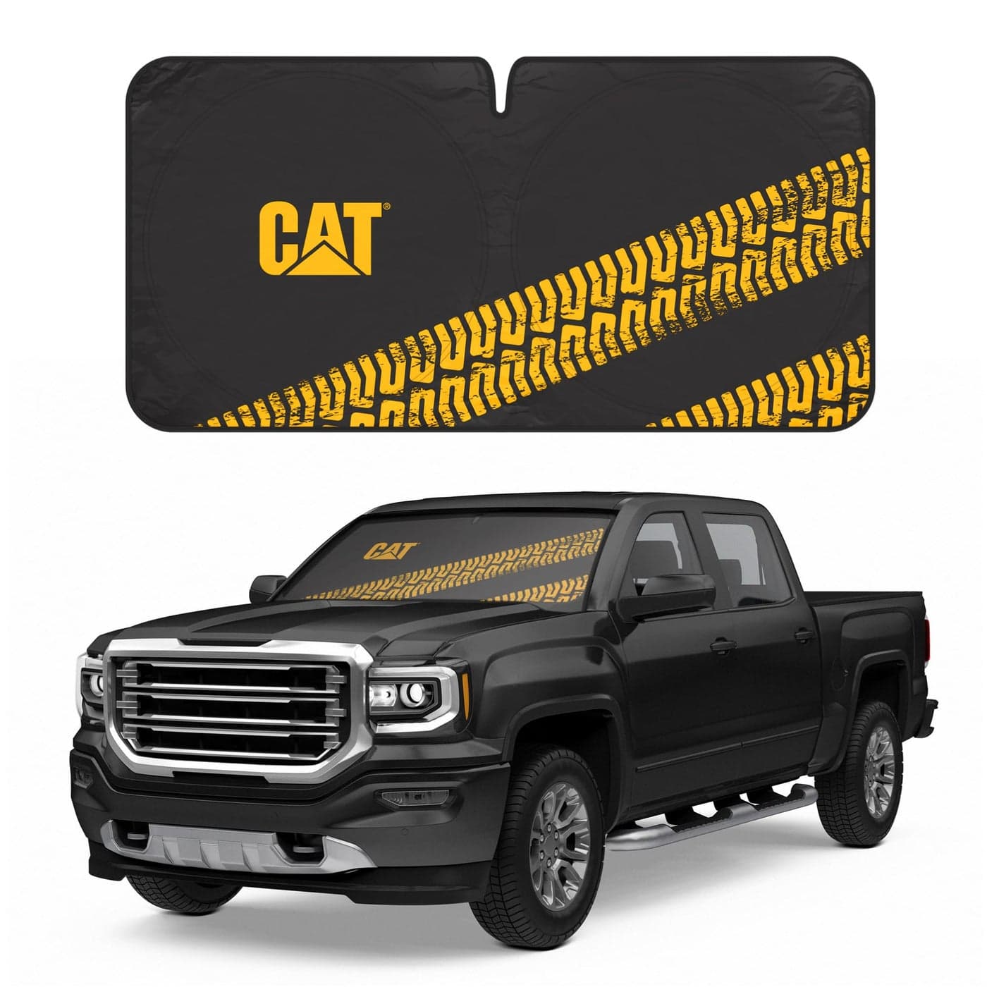 Cat Auto Shade for CarTruck Windshield PopUp Sunshade UV Reflective Sun Shade Black with Yellow Tire Tracks Jumbo Size 64 x 32
