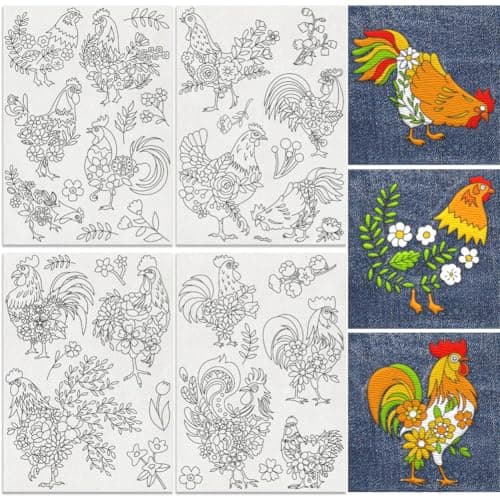 DOODLREAM 34Pcs Floral Chicken Water Soluble Hand Sewing Stabilizers 83x117 Flower Chiken Embroidery Pattern Stabilizer 4 Sheets Animal Stick and Stitch Embroidery Paper Sticker