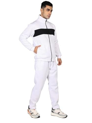 CHKOKKO Mens High Neck Winter Tracksuit Full Zip Jacket with Elastic Waist Lower Warm and Soft Activewear Set for Gym Running and Casual Use White Black 3XL