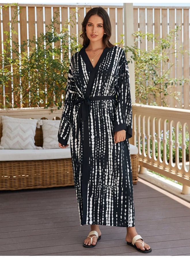 2024 European And American Rayon Beach Blouse Robe Vacation Cardigan Bikini Swimsuit Sun Protection Shirt Coat-Color:73100 Black And White-