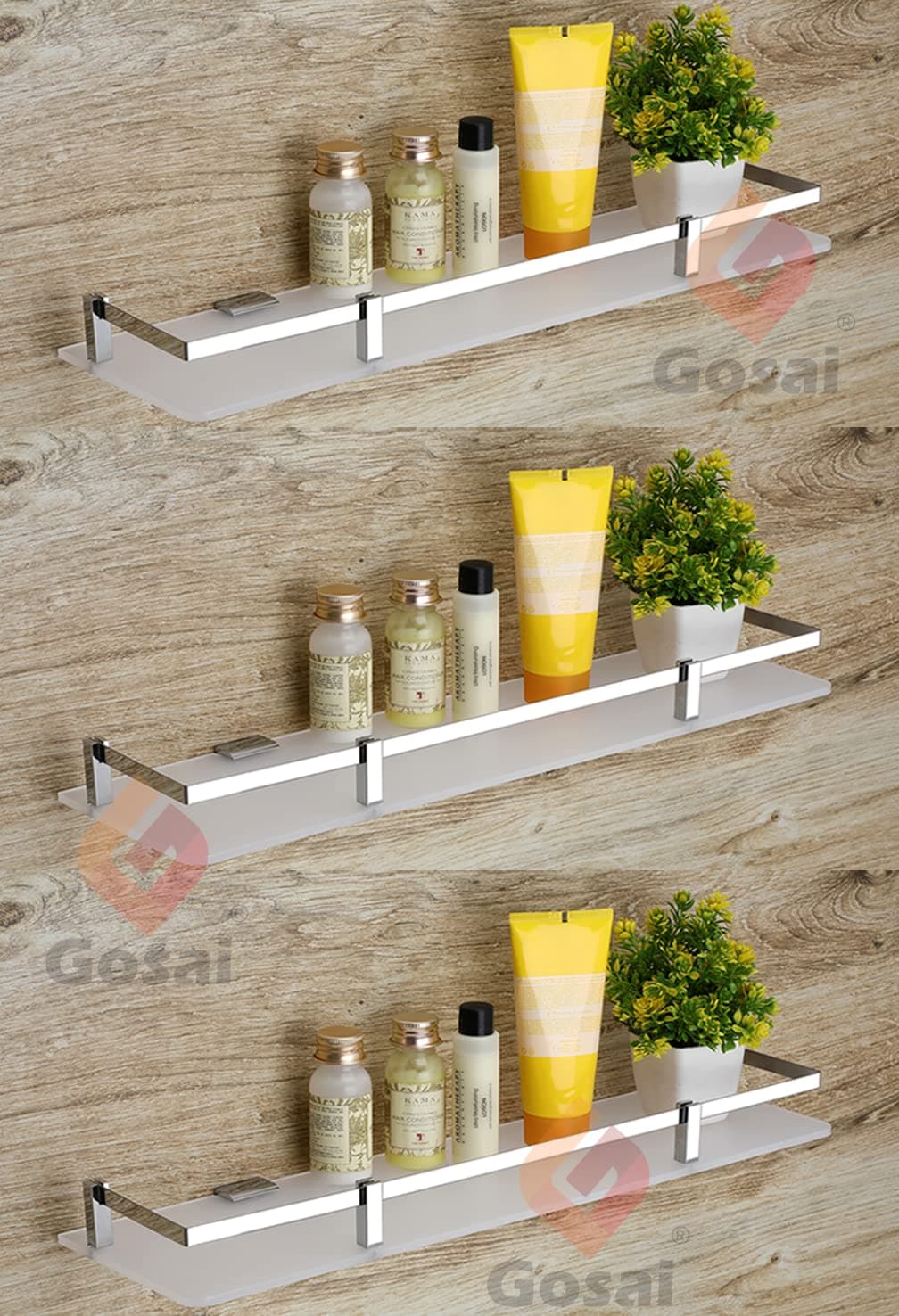 GOSAI Bathroom Accessories Acrylic + Stainless Steel Transparent - Matt Glass Shelf Bathroom Shelf | Kitchen Shelf 12 x 5 Inch Pack of 3 Pcs Set