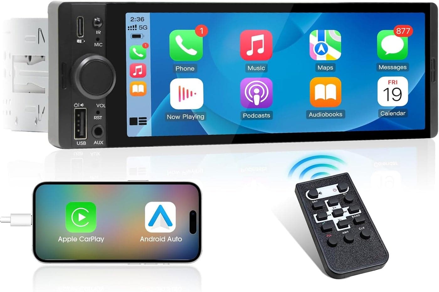 aboutBit Single Din CarPlay Stereo Receiver - 6.5 Inch Android Auto Touchscreen with Bluetooth and AM/FM Radio