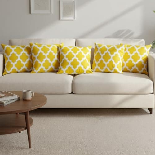 HOMEMONDE Set Of 5 Cushion Covers 16X16 Inches With Quatrefoil Pattern Cotton Pillow Covers For Sofa, Couch, Chair, Yellow, 250 TC
