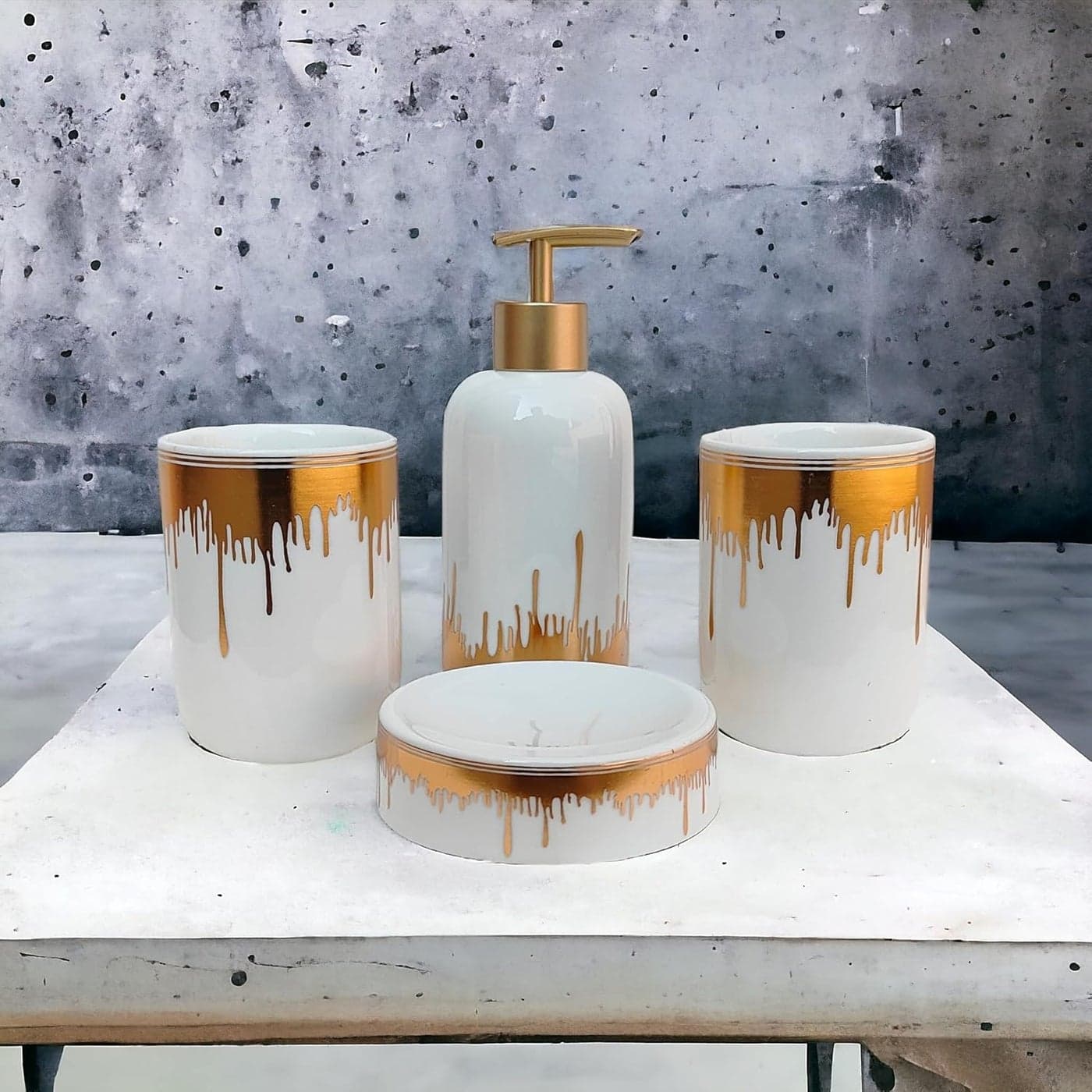 Whizzo Moden Design Luxury Bathroom Accessories Set Ceramic Including 4 Piece Bathroom Accessories Set Soap Dispenser Toothbrush Holder Tumbler Soap Dish White
