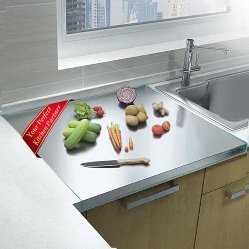 COLORflow 304 Stainless Steel Chopping Board with Lip for Kitchen | (60x45cm) Extra Large Size | Non Slip Steel Kitchen Counter top with Round Edge for Cutting, Veggies, Meat & Other Items