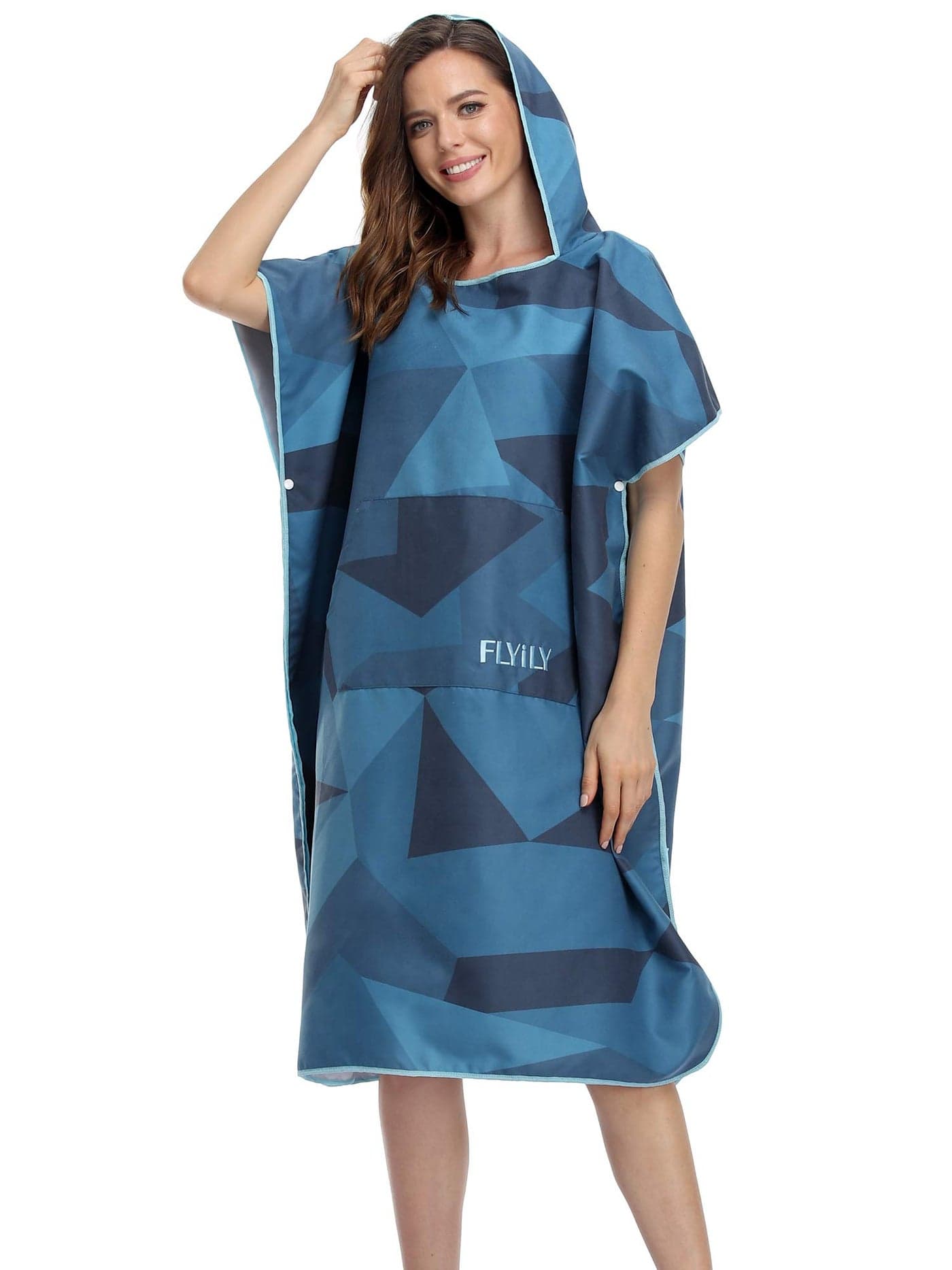 FLYILY Beach Changing Towel Surf Poncho Robe Hooded Wetsuit Adjustable Sleeves Surfing Swimming Bathing (NavyGeometry, Large - Fit for Men&Women)