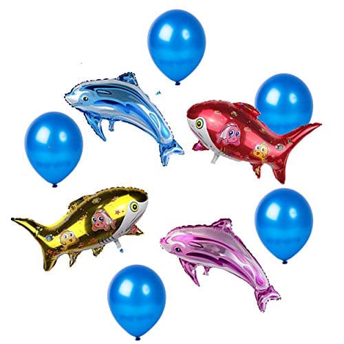 Masti Zone 4 Pcs Dolphin/Fish Shape/Shark Foil Balloons +50 Blue Balloons For Birthday Aqua Theme Party Decoration (Aqua Theme Combo 3)