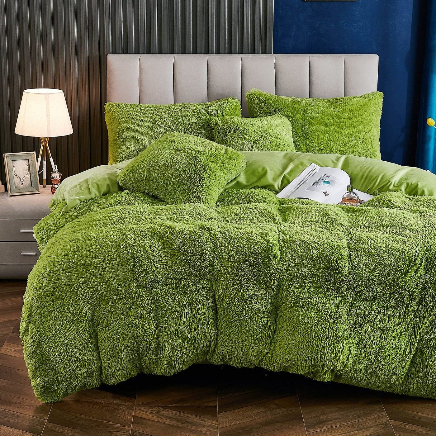 Yaoshuho Plush Fluffy Duvet Cover King Size Luxury Ultra Soft Shaggy Duvet Cover Set Faux Fur Comforter Bedding Set1 Duvet Cover 2 Pillow Shams Green