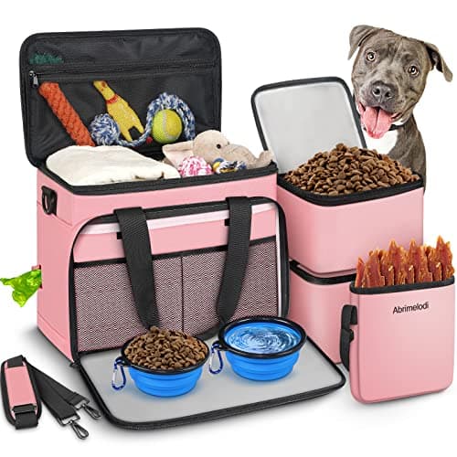 Abrimelodi 6 Set Dog Travel Bag Large Pet Supplies for Dogs Includes 2 Collapsible Dog Bowls 2 Food Containers 1 Treat Pouch with Pet Travel Bag Pink