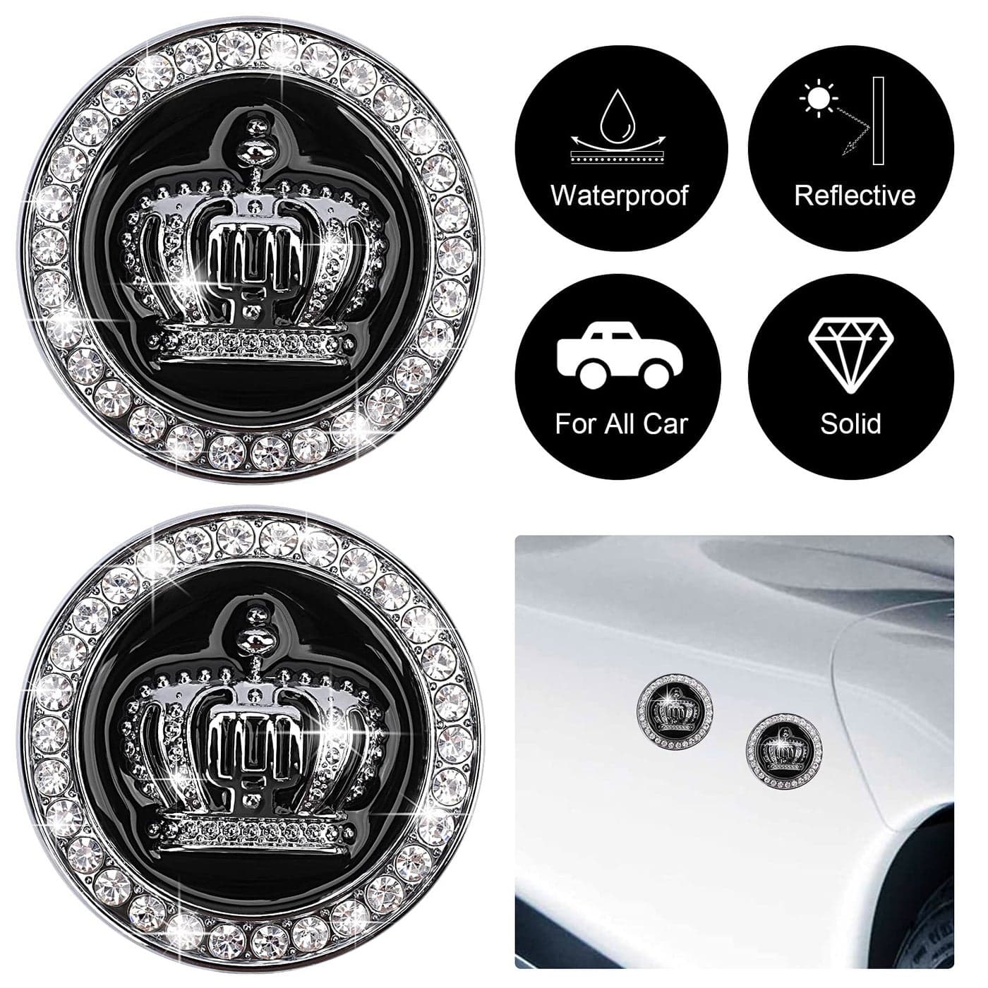 OIIKI 2PCS 3D Crown Car Emblem Badge Decal Rhinestones Metal Crown Emblems Badges Bumper Stickers Men Women Automotive Exterior Accessories for Auto SUV Truck Motorcycle BlackSilver