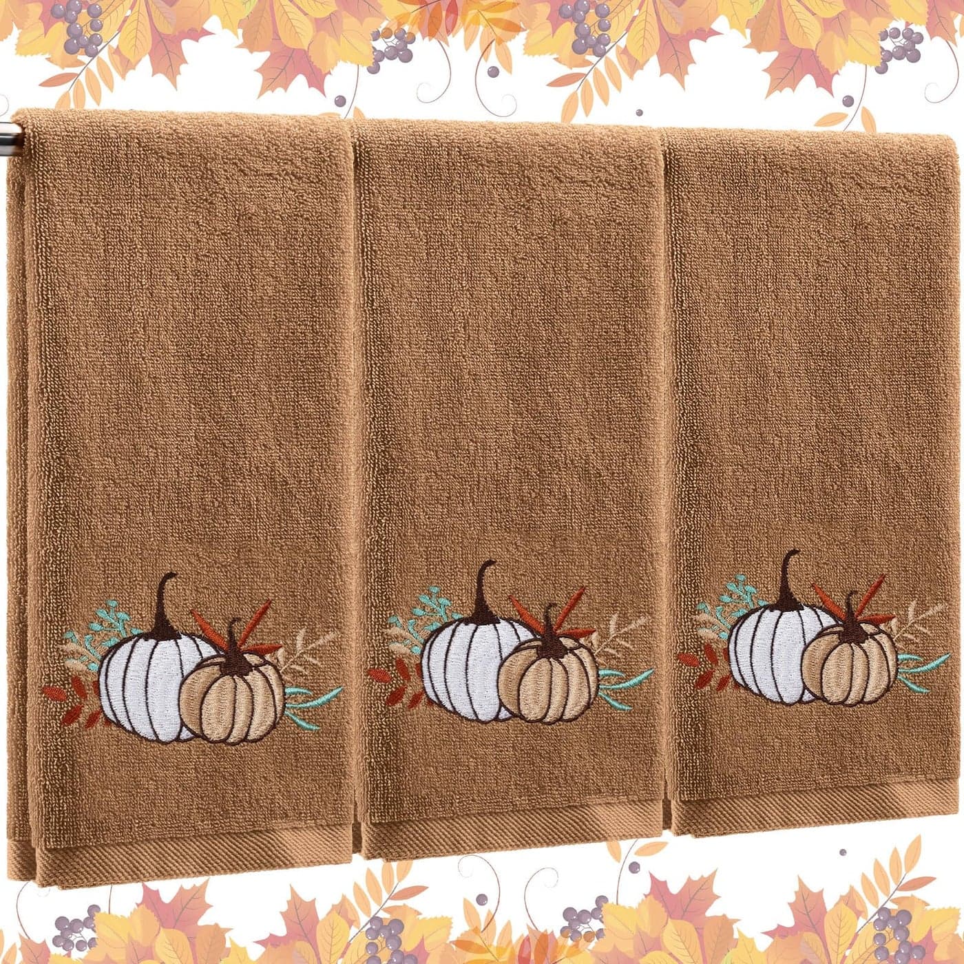 Fanfanwin 3 Pcs Thanksgiving Hand Towels for Bathroom 138 x 295 Inch Fall Decorative Bath Towels Sets 100 Cotton Embroidered Pumpkin Autumn Maple Bathroom Decor