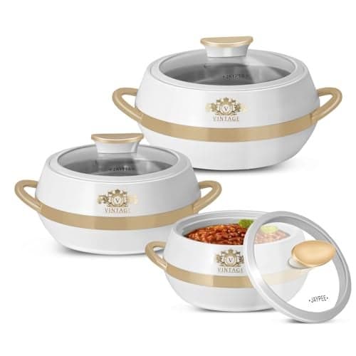 JAYPEE Vintage Inner Stainless Steel Casserole Set of 3 with Lockable Lid,(1000+1500+2000 ml), BPA Free Insulated casserole Set |Food Grade Serving Set |Ideal For Chapati,Warm & Fresh Food,White