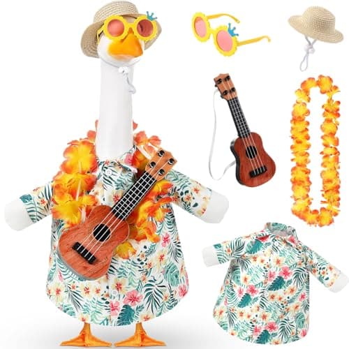 Sunnymove 3 Pcs Summer Porch Goose Outfits Hawaii T-shirt Wreath and Sunglasses Hawaiian Goose Clothes Costume for 23" Patio Decor for Luau Party Outdoor Garden Yard Decor (Guitar)