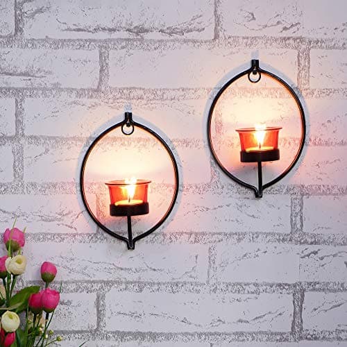 Webelkart Set of 2 Decorative Golden Eye Wall Sconce/Candle Holder with Red Glass and Free T-Light Candles