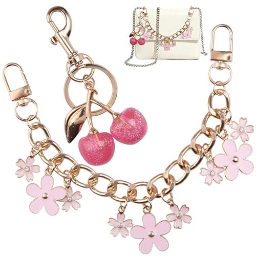 QXUJI Decorative Purse Chain, Enamel Flower Charm Bag Strap Extender, Short Gold Replacement Extension Purse Chain with Cute Cherry Keychains, for Women Handbags Shoulder Crossbody Bags, 7.87Inch/20CM
