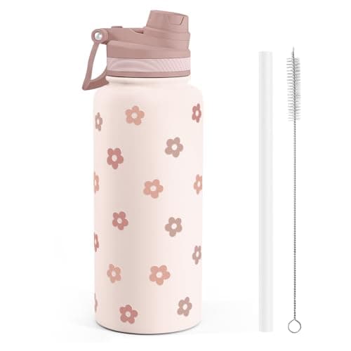Beige Daisy Stainless Steel Water Bottle with Strap 32oz, Insulated Bottles with Straw and Spout Lid for Gym Sports Travel Outdoor, Gifts for Women Girls Birthday Christmas
