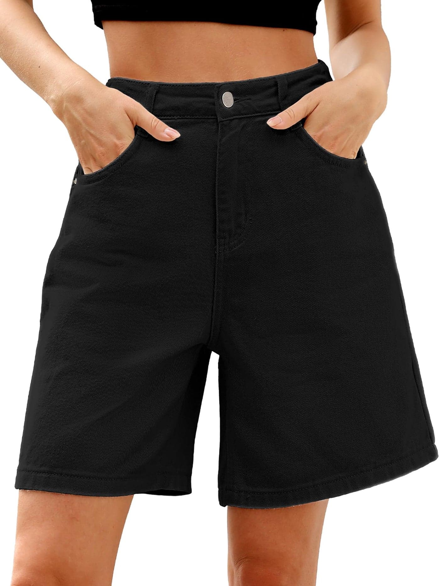 ELLEVEN Jorts Women Baggy Raw Hem Jean Bermuda Knee Length Mom Shorts Casual Long Wide Leg Elastic High Waisted 7 Inch Inseam Loose Fit Summer Shorts with Pockets Black XLarge