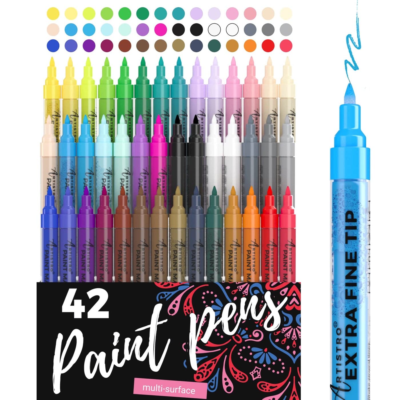 ARTISTRO 42 Acrylic Paint Pens, Art Set Acrylic Paint Markers, Fabric Markers for Textile, Canvas, Rock, Glass, Wood, Paper, Pumpkin, DIY, Paint Markers for Kids and Adults