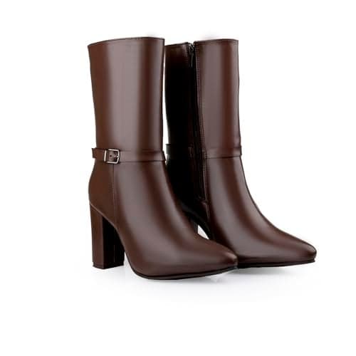 Elegant Women's Brown Mid-Calf Office, Winter Outings, and All Occasion Wear Boots with 9 CM Block Heel - 41 EU