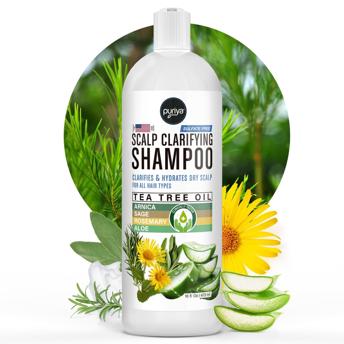 Puriya Tea Tree Clarifying Shampoo Plant Rich Dry Itchy Scalp Relief for Kids Adults Sulfate Free No Harsh Chemicals Seen in Dandruff Treatment Seborrheic Dermatitis Psoriasis Shampoo 16 oz