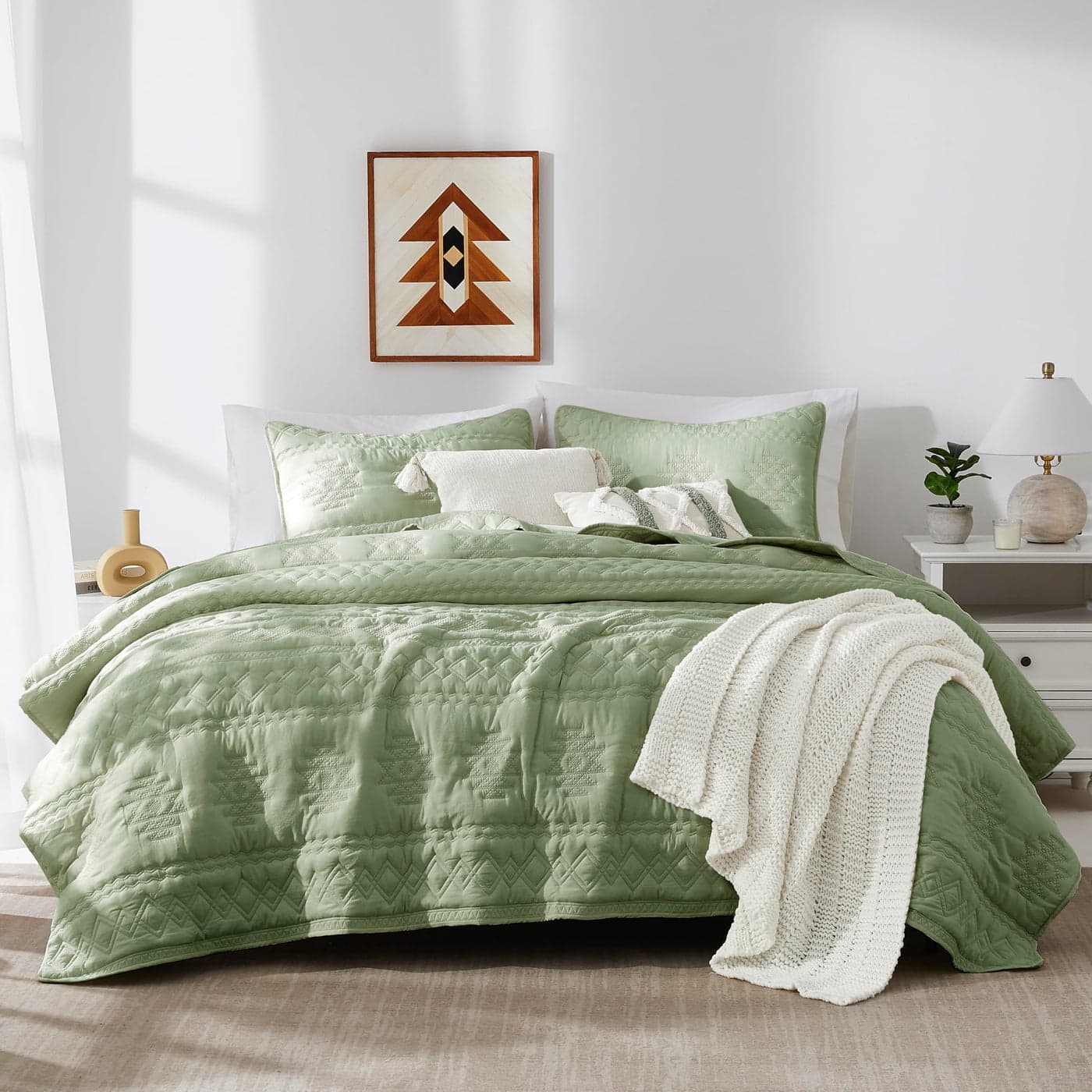 WDCOZY Boho Sage Green Quilt King Size Bedding Sets with 2 Pillow Shams Farmhouse Lightweight Soft Bedspread Coverlet for All Season 3 Pieces 104x90 inches