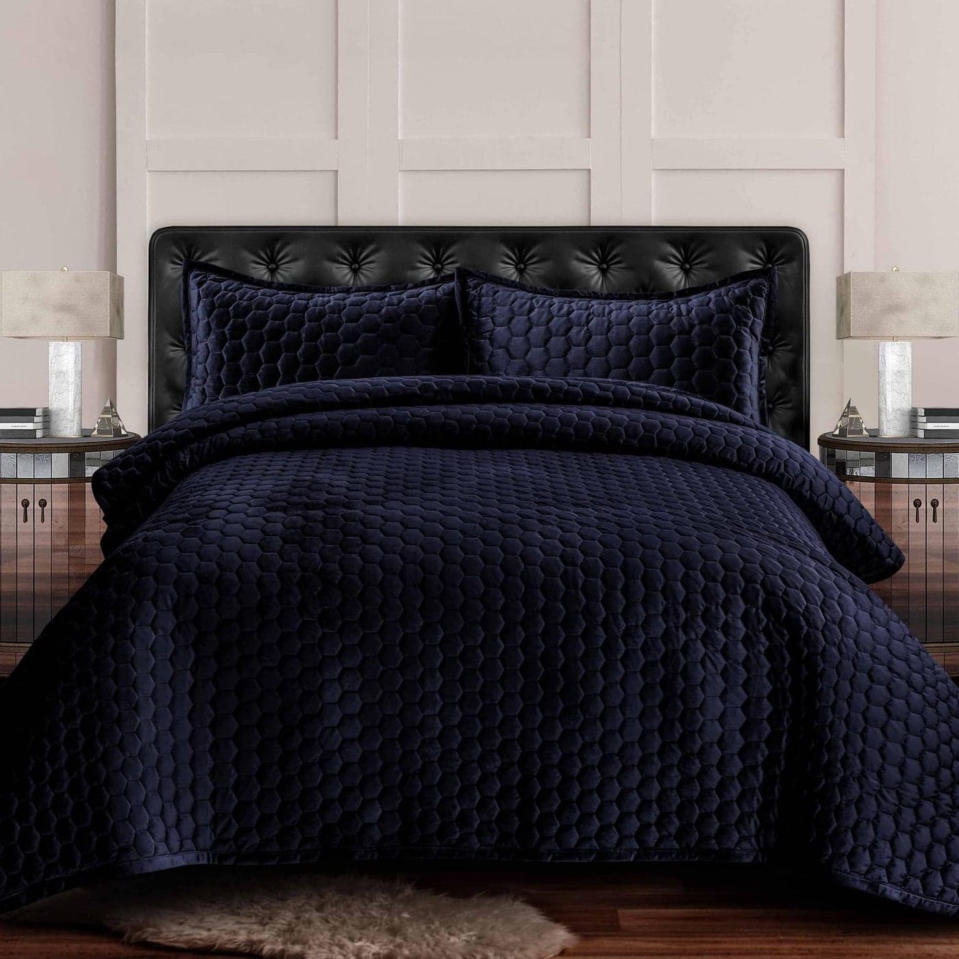 Tribeca Living Velvet Queen Quilt Set ThreePiece Lugano Honeycomb Stitch Bedding Super Soft 260GSM Velvet Oversized Quilt and Two Sham Pillowcases Indigo