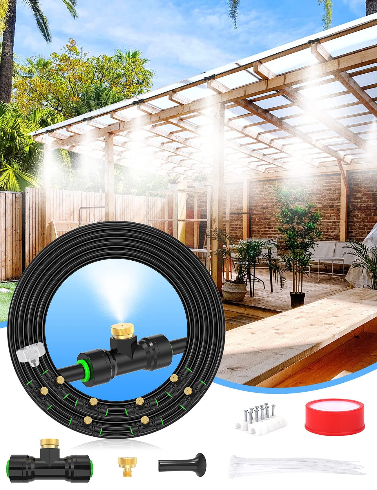 Lekit Misters for Outside Patio 27.5FT(8.4M)+8 Brass Mist Nozzles+a Brass Adapter(3/4") Detachable Outdoor misting Cooling System for Garden, Waterpark, Greenhouse, Backyard