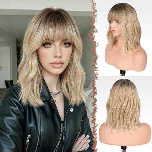 FESHFEN Shoulder Length Wigs with Bangs Ombre Blonde Natural Looking Wavy Medium Length Synthetic Hair Bob Wig for Women Daily Party Use 14 inch
