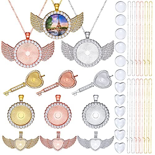 Hicarer 36 Pieces Rhinestone Wing Bezel Pendant Trays Clear Glass Cabochons Lobster Clasp Link Necklace Chain for DIY Jewelry Craft Wedding Bride Shower Bridesmaids Gifts
