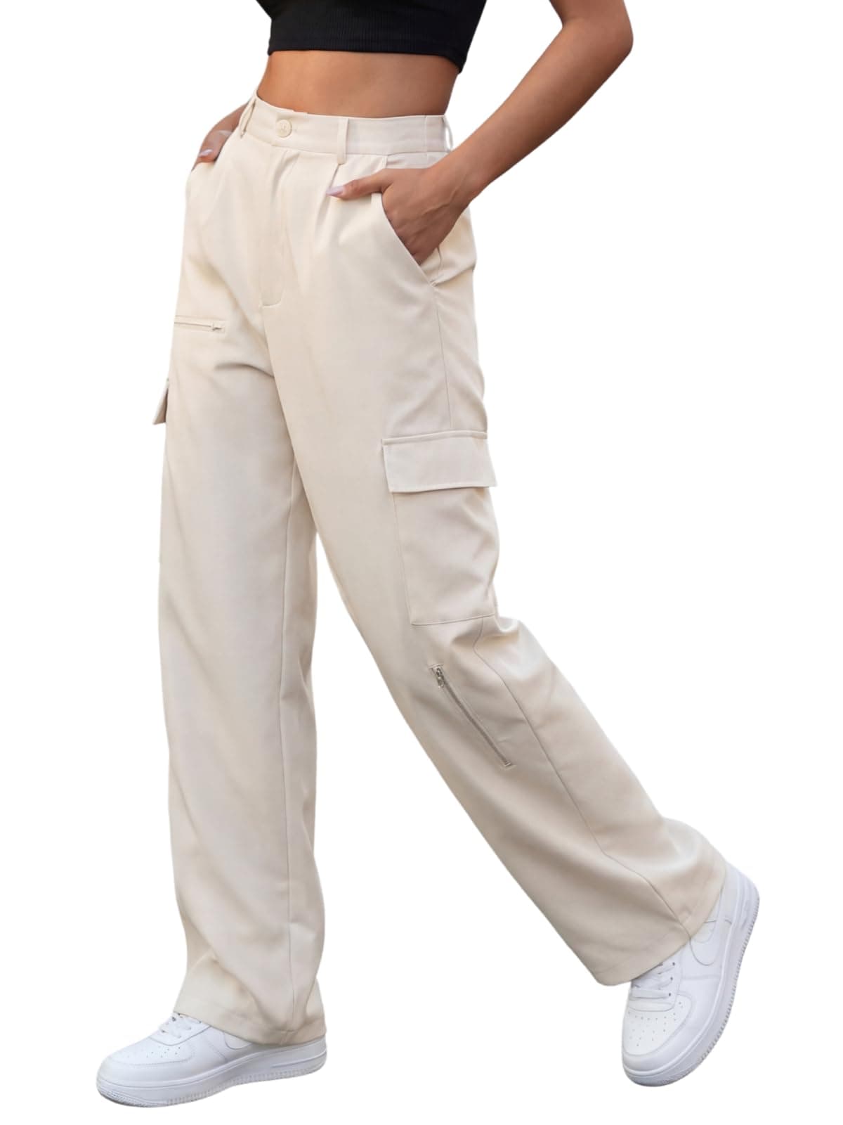 GRECIILOOKS Women Cargo Pant | Women Trousers | Women's HIGH-Waisted Pant Cream