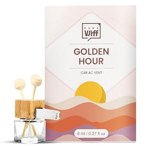 Pure Wiff Golden Hour 2-in-1 Car Perfume – 8ML Long Lasting Hanging & AC Vent Air Freshener | Natural Fragrance Oils in Glass Bottle with Wooden Reed Diffuser Cap | Lasts up to 60 Days | IFRA Cert.