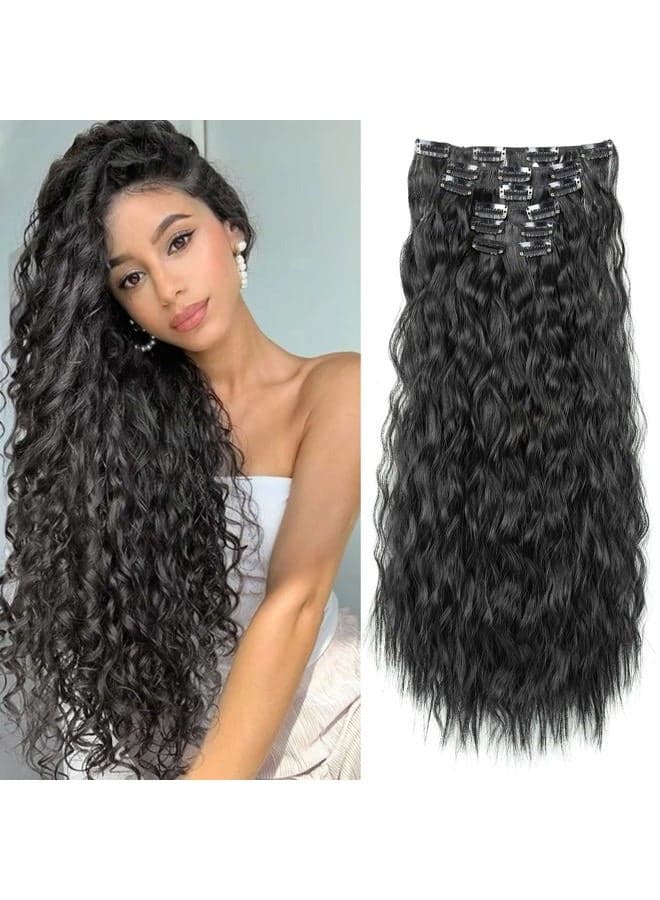 Clip In Hair Extensions,LONAI 6PCS 24" Black Hair Extensions Long Mermaid Waves Wavy Synthetic Clip On Hairpiece For Women(Black)