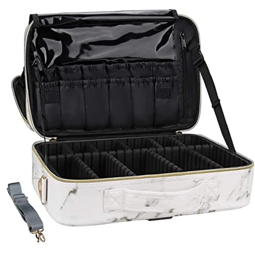 LACOPINE 28cms Makeup Organizer Cosmetic Bag with Adjustable Dividers, Nylon Elastic Makeup Brush Slots and Shoulder Strap for Women (18 INCH (2 LAYER)_Travel Makeup Bag_White)