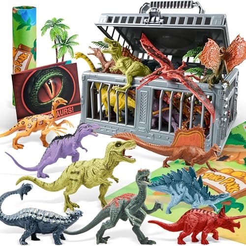 JOYIN Dinosaur Toys with Activity Play Mat & Storage Cage, 19 PCS Realistic Dinosaur Figures & Trees for Toddlers Kids Ages 3-5, Ideal for Boys and Girls Gift