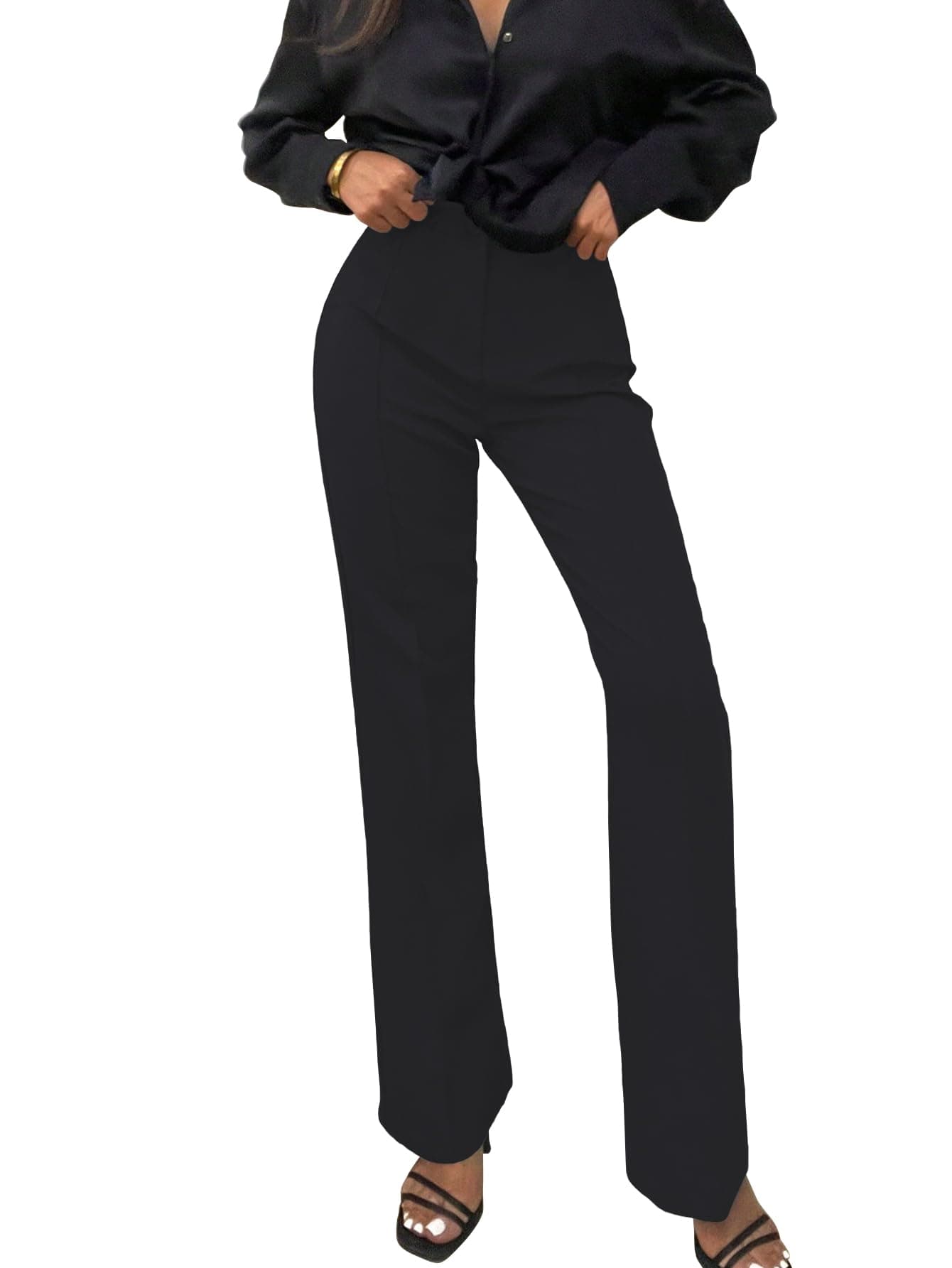 Shasmi Women’s Black High Waist Trousers, Seam Detail Straight Leg Pants & Elegant Flared Trousers, Casual & Office Wear, Spring/Fall Regular Fit Ladies Pants (Trouser 256 Black-S)