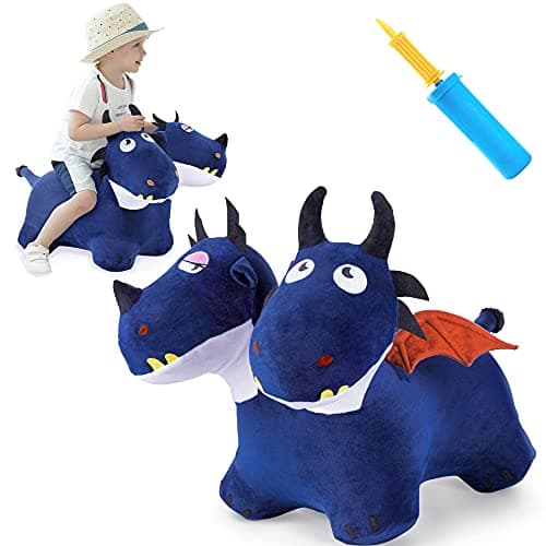 iPlay iLearn Bouncy Pals Toddler Animal Hopper Toys Kids Plush Blue Hopping Horse Inflatable Ride on Dragon WPump Indoor Outdoor Jumper Birthday Gifts for 18 24 Month 2 3 4 Year Old Boy Girl