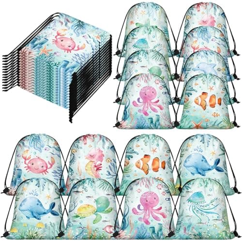 Sanwuta 18 Pcs Under the Sea Party Favor Bags Goodie Ocean Gift Drawstring Bags Beach Sea Animal Candy Treat Drawstring Backpack for Summer Birthday Party Decor Baby Shower Supplies Modern Style
