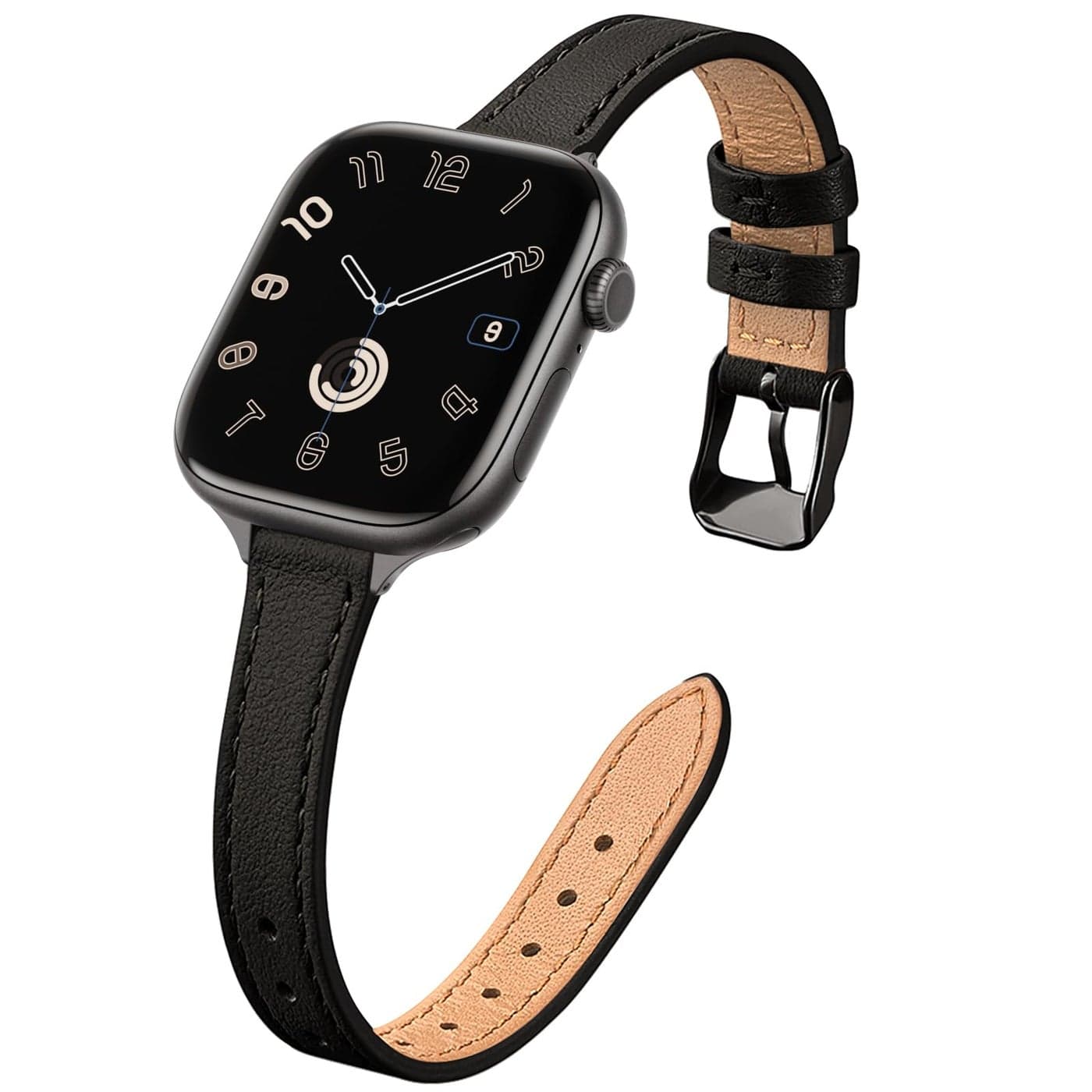 STIROLL Slim Leather Bands Compatible with Apple Watch Band 38mm 40mm 41mm 42mm(Series 10), Top Grain Leather Watch Thin Wristband for iWatch Ultra SE Series 10/9/8/7/6/5/4/3/2/1(Black with Black)
