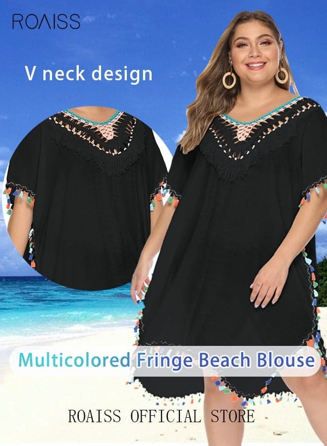 Women Lace-up Beach Blouse with Fringe Trim Cover Up Beachwear Embroidery Mesh Dress Casual Bathing Suit Sunscreen Swim Skirt Hollow Lace Cardigan for Summer Black