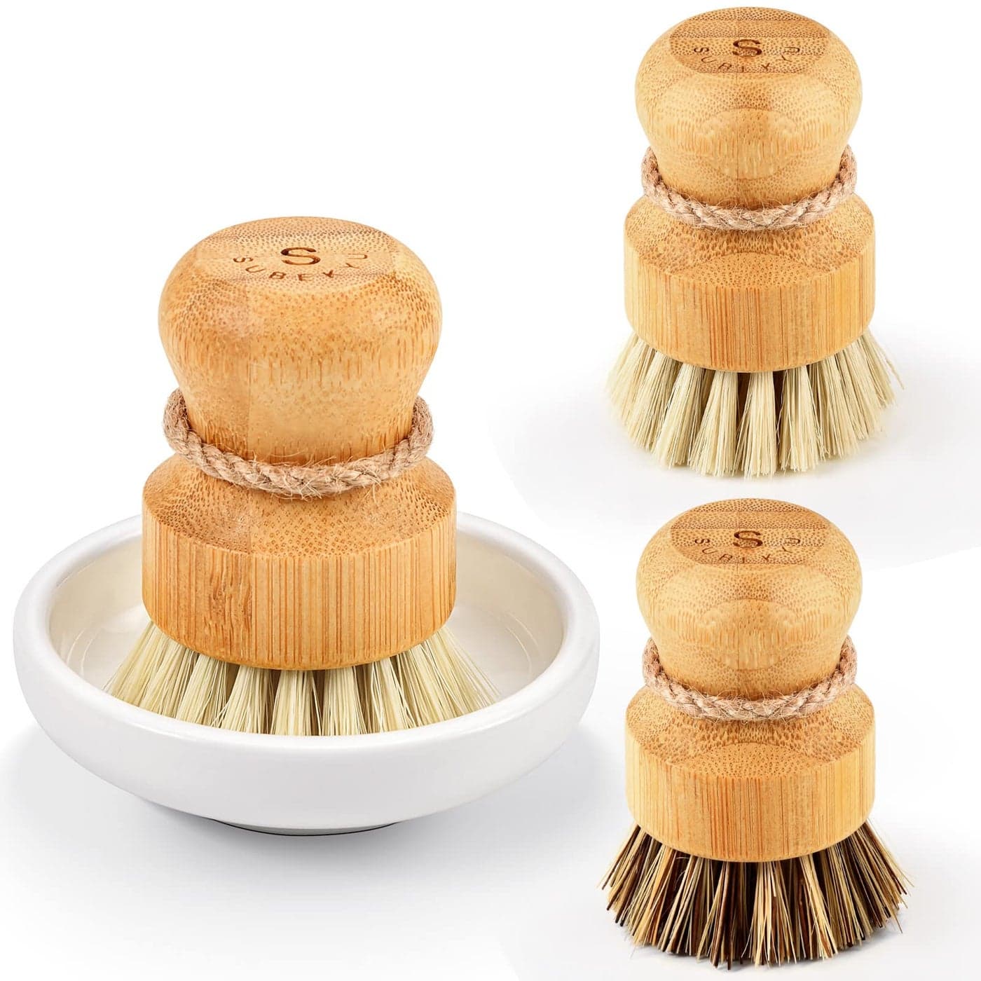 SUBEKYU Bamboo Dish Scrub Brushes Kitchen Wooden Cleaning Scrubbers Set for Washing Cast Iron PansPots Set of 3