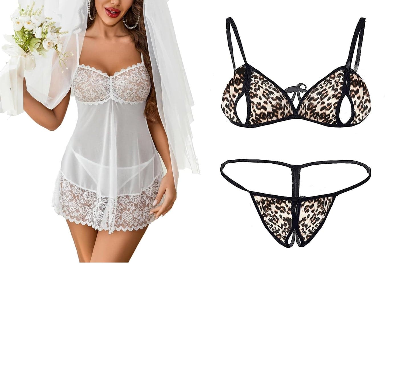 SSoShHub Lace Babydoll Lingerie Sexy Mini Chemise Mesh Wedding Nightie Bridal Nightdress with Bikini