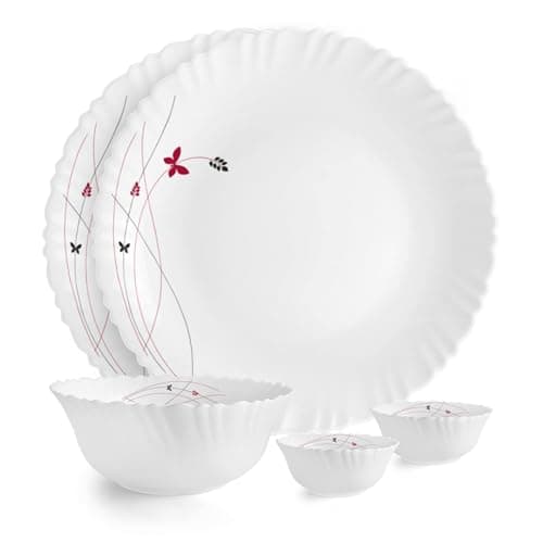 CELLO Lush Fiesta Dazzle Series Opalware Dinner Set of 5 Pieces for Family of 2 | Bone-Ash Free & Leadfree Opal Glass, Microwave & Dishwasher Safe, Plates & Bowls Crockery Set for Dining & Gifting