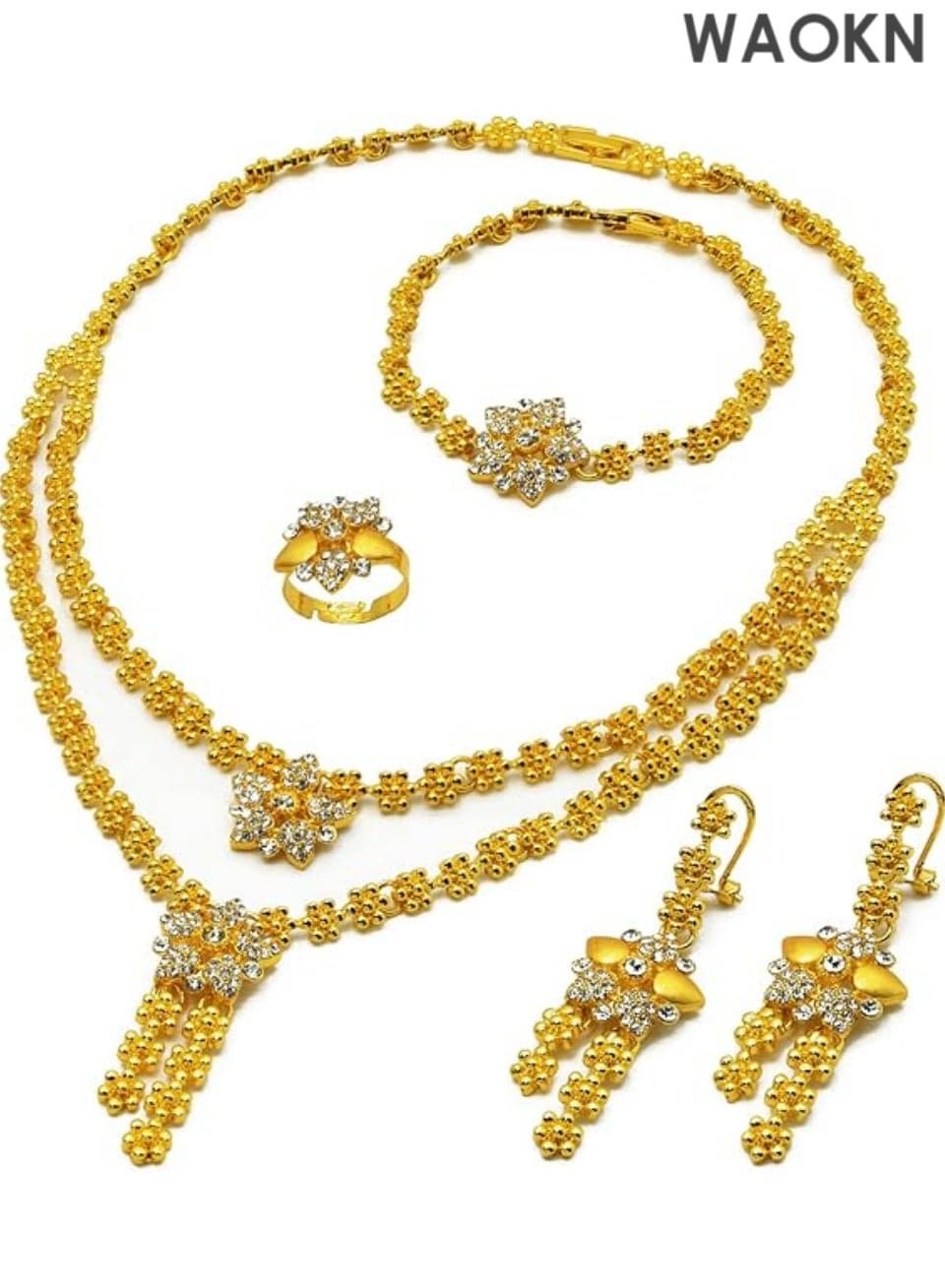 Women Jewelry Sets Gold Necklace Earrings Bangle Ring Set Fashion Wedding Prom Jewelry Set Stunning Bridal Jewelry Set Delicate Gold Plated Necklace Earring Wrist Chain and Rings Set For Bridal And Party Wear