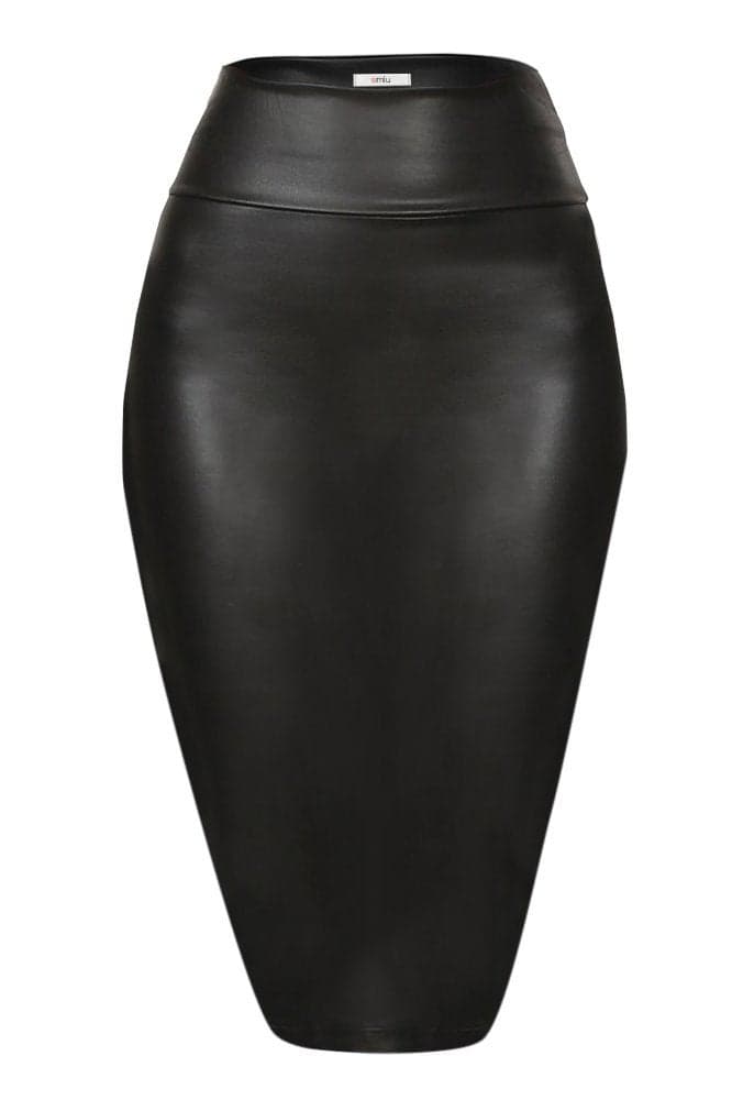 Simlu Black Leather Pencil Skirt for Women, Black Leather Scuba Skirt, X-Large