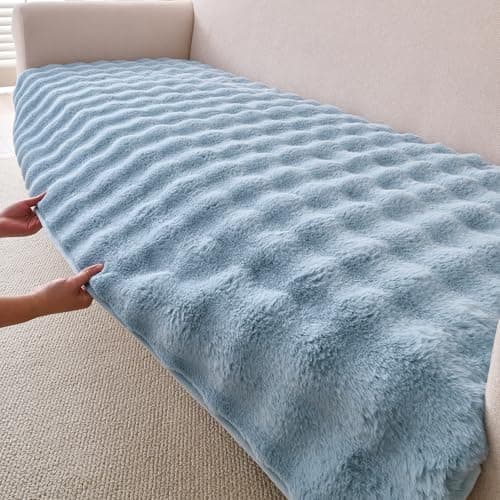 HOKIPO 'FurHug' Premium Faux Rabbit Sofa Cover Mats for L Shape and 1/2/3 Seater Sofa. Make Your Own Sofa Cover Set, Mat Length 90(D) x 90(L) cm, Charm Blue (NEW-5012-BL)