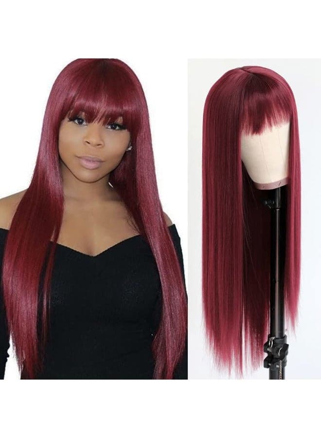Burgundy Red Wig Long Straight Synthetic Hair Wigs with Bangs Heat Resistant Synthetic No Lace Wigs for Fashion Women 24 inch