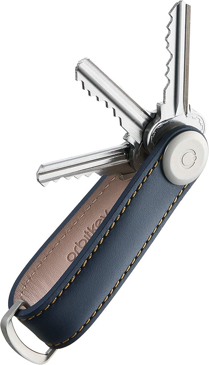 Orbitkey Leather Key Organizer | Durable, Stainless Steel Locking Mechanism, Slim & Quiet Profile | Holds up to 7 Keys, Navy with Tan Stitching
