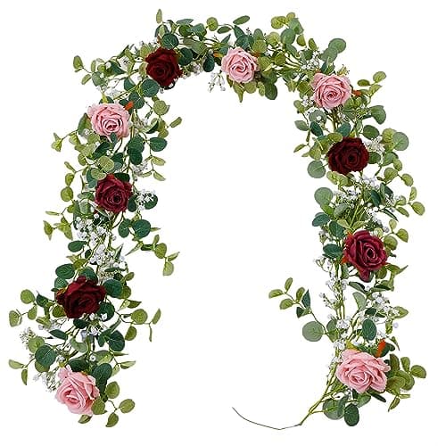 Anna's Whimsy 5.91FT Artificial Eucalyptus Garland with Flowers, Fake Rose Gypsophila, Faux Floral Garland Greenery for Wedding Spring Party Art Table Runner Decor (Pink, 1)